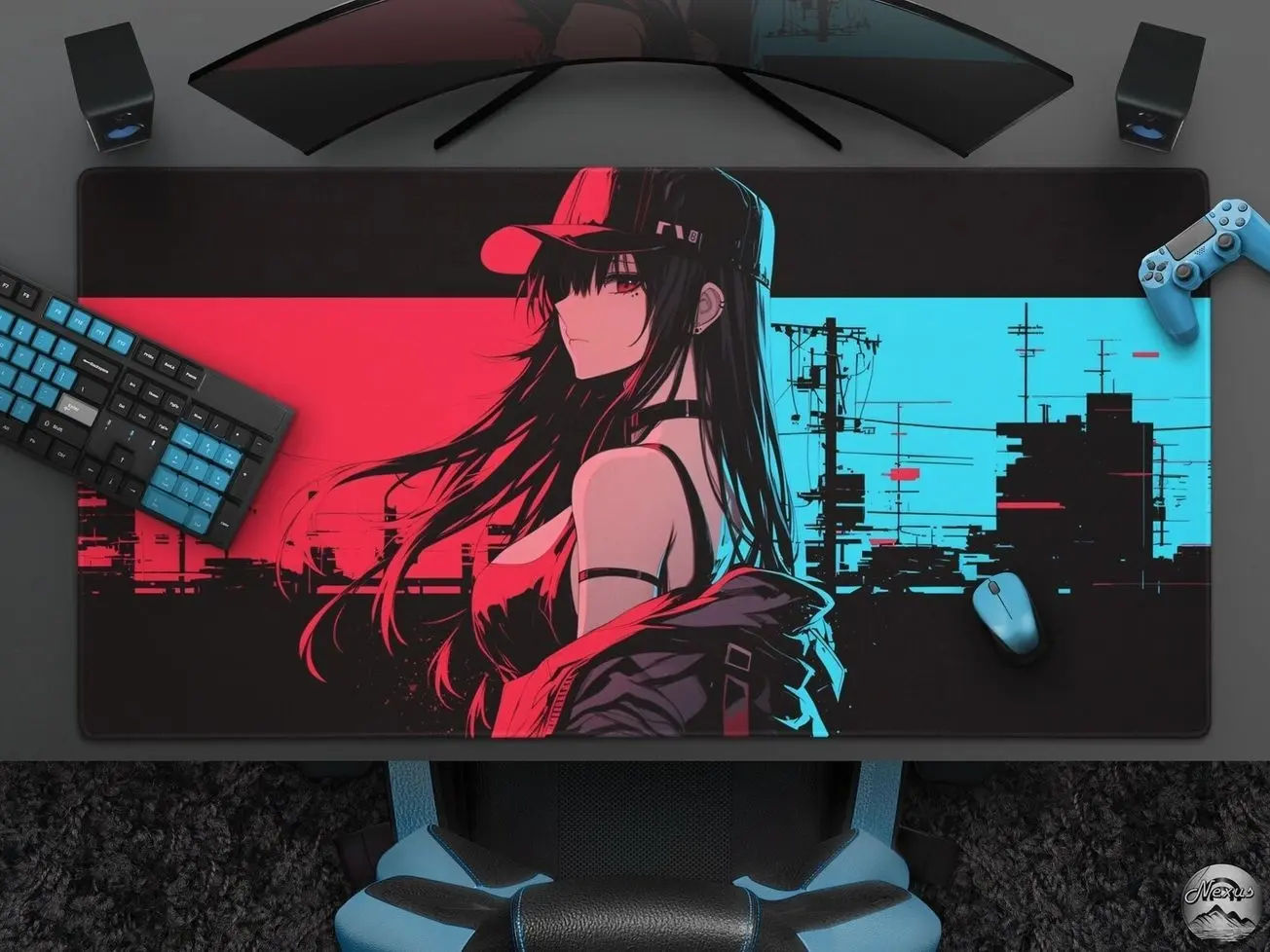 Glitch Hop Girl - Cool Neon Anime Girl Desk Mat, Lo-Fi Hip Hop Waifu Mousepad, Urban Cyberpunk Glitch Art, Large Gaming Mat, Office Decor Neil