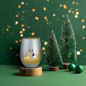 Christmas Brass Tone Stemless Wine Drinking Glasses, Glass Drinkware Cups for Xmas Party, Set of 4