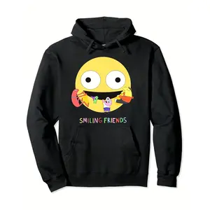 Men'S Smiling Friends Graphic Hoodie - Black Oversized Streetwear Sweatshirt with Playful Cartoon Face & Smiling Friends Text Print, Super Soft & Breathable Fabric, Loose Fit Hooded Pullover with Kangaroo Pocket, Plus Size Available