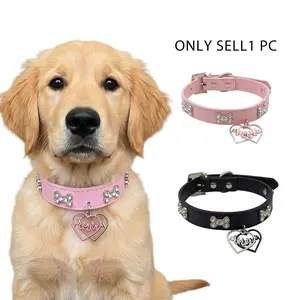 Pet Collar PU Leather, Rhinestone Bone Heart Pendant Necklace, Cat Dog Collar, Medium Pet Accessories, Daily Home Wear, Holiday Birthday Decor