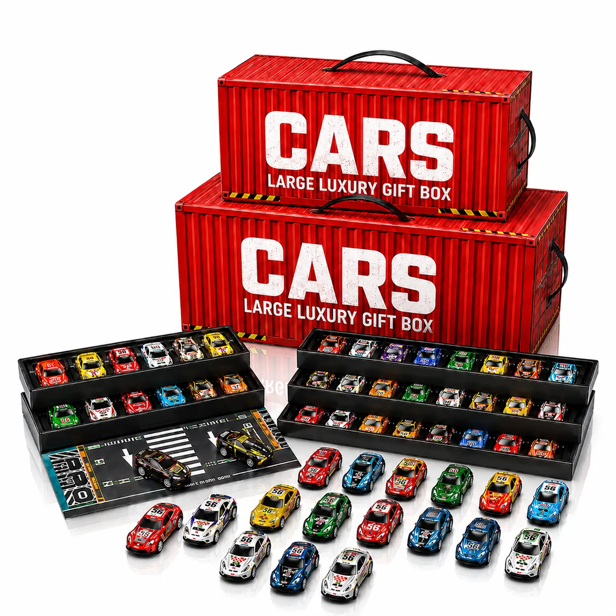24PCS/48PCS Miniature Toy Car Set, Alloy Pull-Back Model Vehicles with Red Container Storage Box, Roadway Play Mat, Holiday Gift for Kids