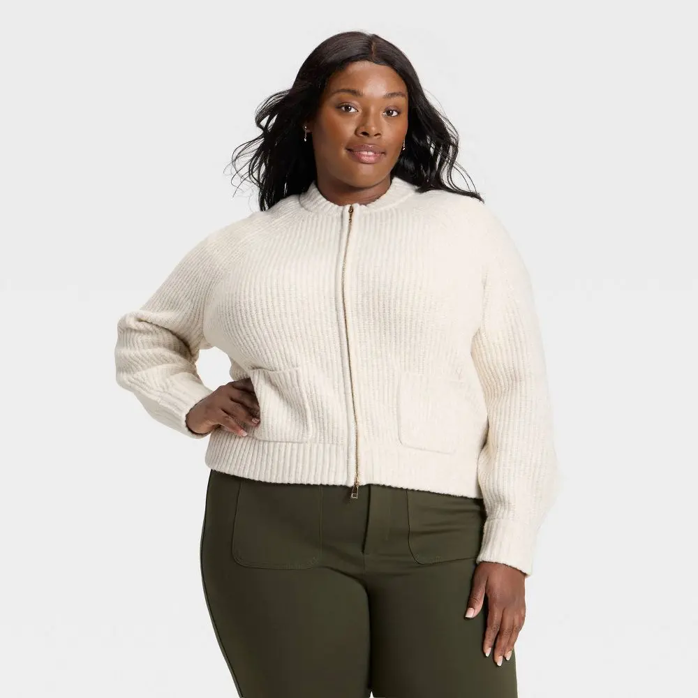 Ava & Viv Women's Double Zip Cardigan Sweater - Casual Fit, Shaker Knit, Long Sleeves, Front Pockets, Heavyweight Recycled Polyester & Spandex, Fabric, Garment, Ribbed, Viscose