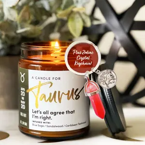 Wax & Wit Taurus Candle with Keychain, Zodiac, Astrology, April Birthday Gifts, May Birthday Gifts, Astrology Candle, Birthday Candle - 9oz