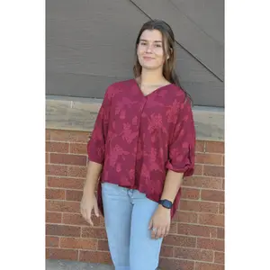Frankie Floral Burnout Top Casual Lightweight Oversized Burgundy Blouse with Adjustable Button Sleeves for Women's Summer Wear Shirts Fit Womenswear