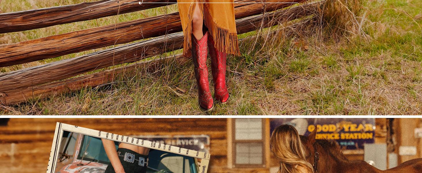 【Rodeo】Wranglette Women's Red Embroidered Knee-High Cowboy Boots – Western Snip Toe, Gold Stitching, Distressed Faux Leather | Rodeo & Festival Ready | Wide-Foot Friendly, Cushioned Insole | Keywords: red cowboy boots women, knee-high western boots,