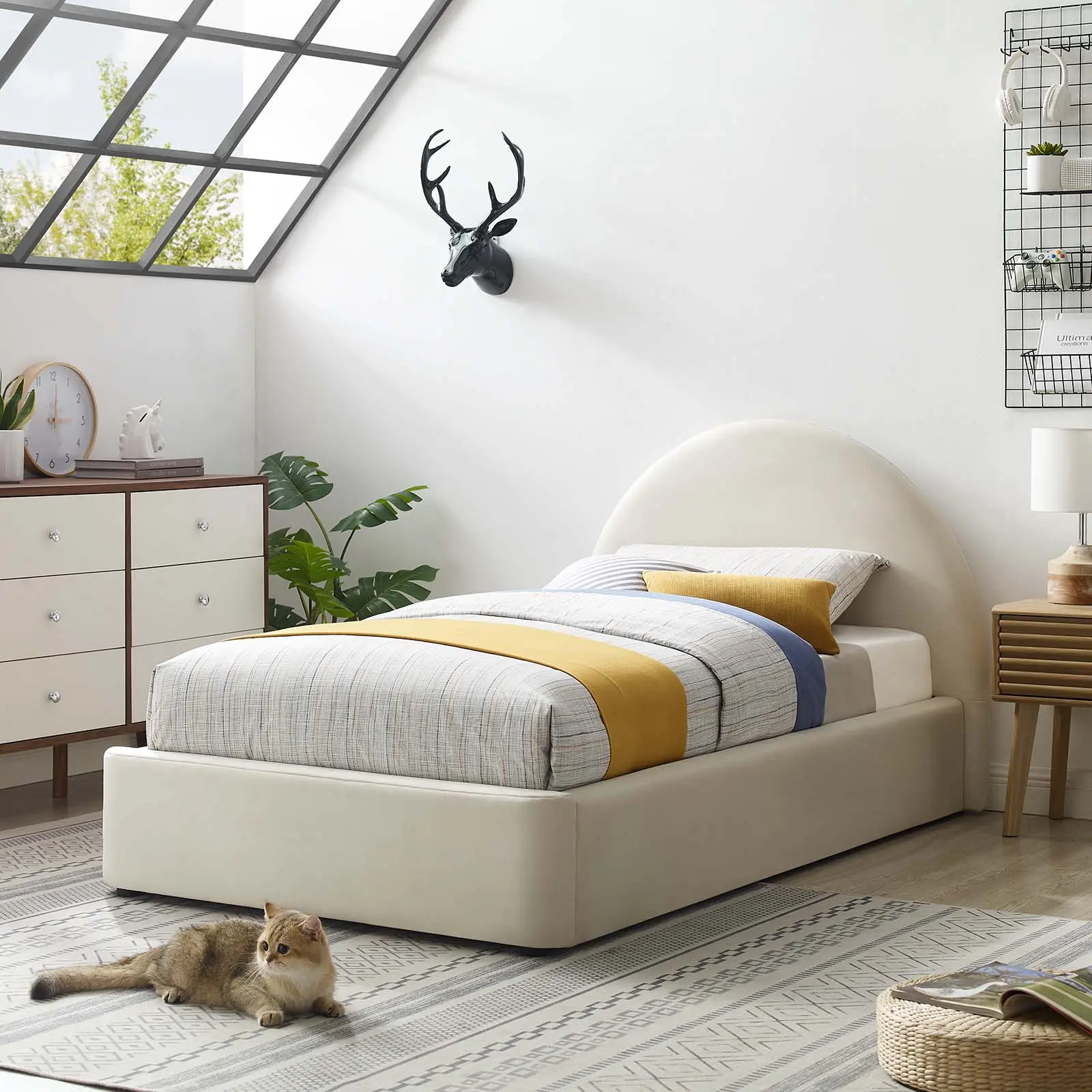 Modway Alabaster Performance Velvet Twin Modern Platform Bed - Tufted Arch Shaped Unique Bed Frame (Indoor Furniture), Shaped Beds, Tufted Arch Bed Frames