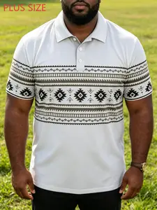 Large Size Men's Bohemian Style Polo Shirt, Geometric Totem Print Short Sleeve, Outdoor Casual Large Size Top, Comfortable and Stylish