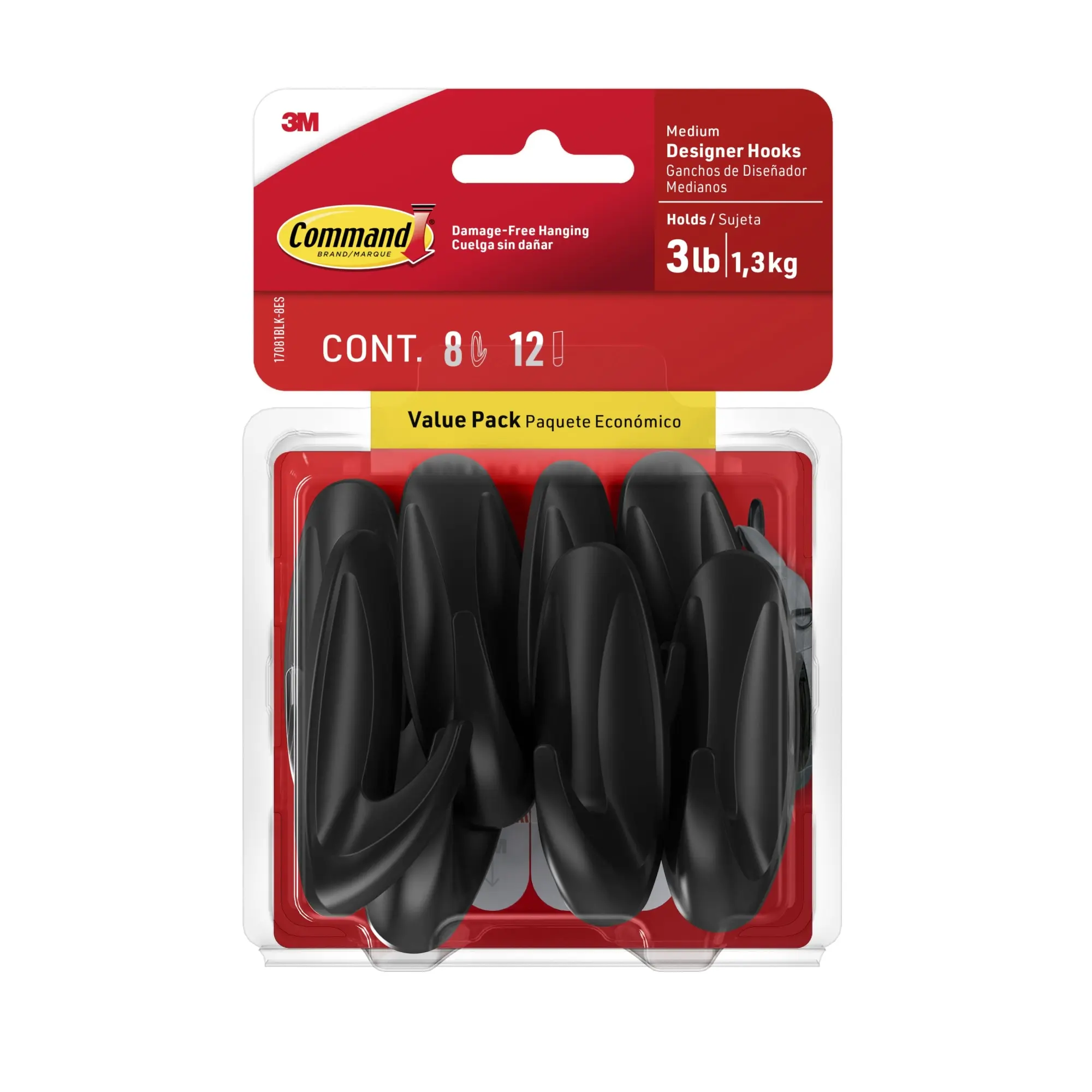 Command™ Medium Designer Hooks, 8 Command Hooks, 12 Strips, Damage Free Hanging Wall Hooks with Adhesive Strips, No Tool