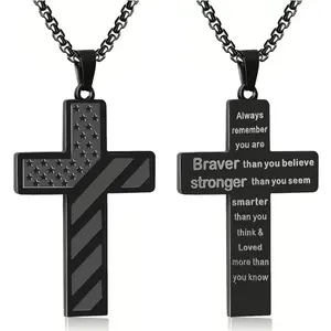 Cross Necklace with Bible Verse &American Flag Pendant-Stainless SteelMen's Jewelry Gift| Faith-Inspired, Bold &Patriotic Chain for Him