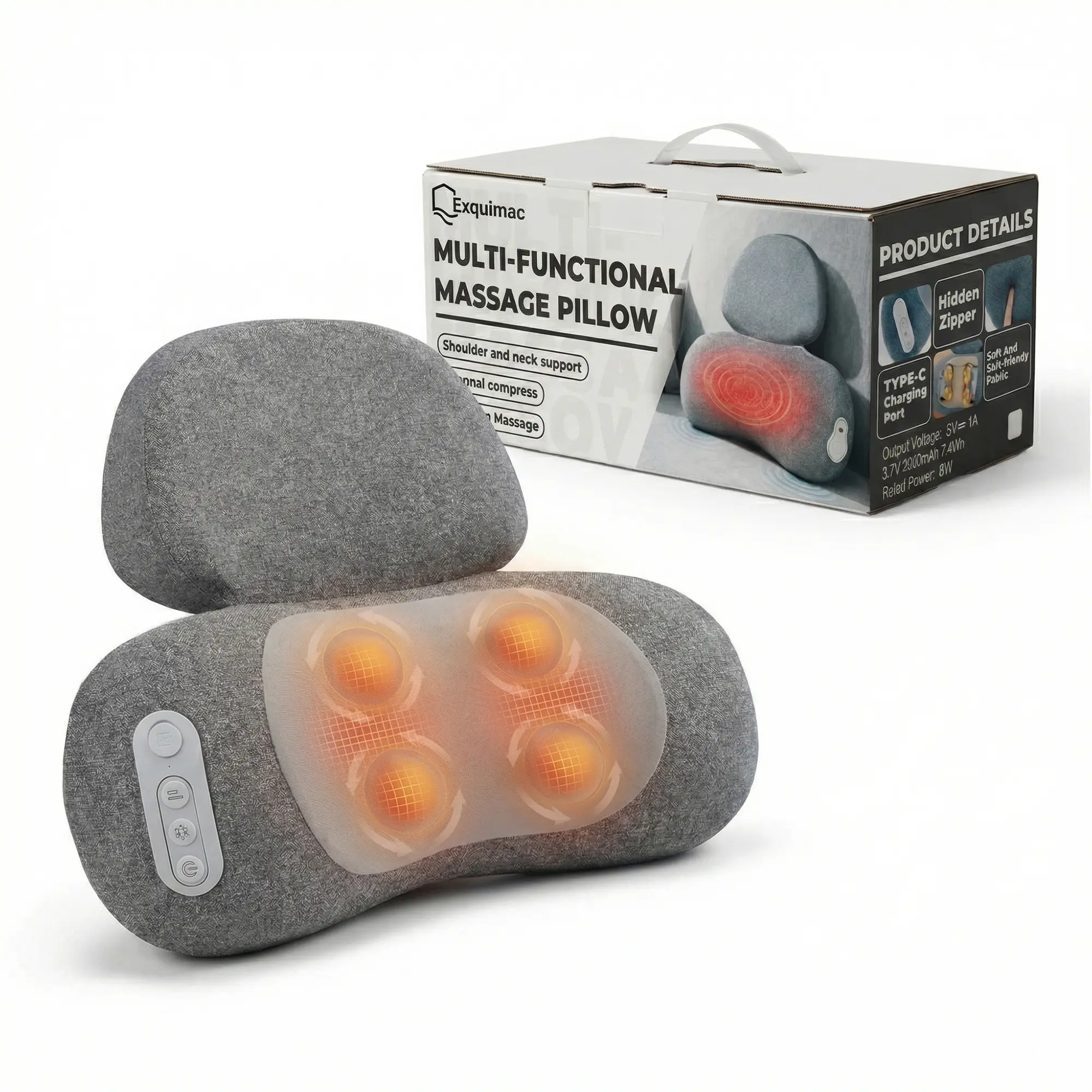 Exquimac 3-in-1 Rechargeable Neck Massager Pillow with Heat, Vibration - Adjustable Neck Shoulder Relaxer, Daily Use Gift (Heather Gray, 3-in-1 Pillow-1pcs)