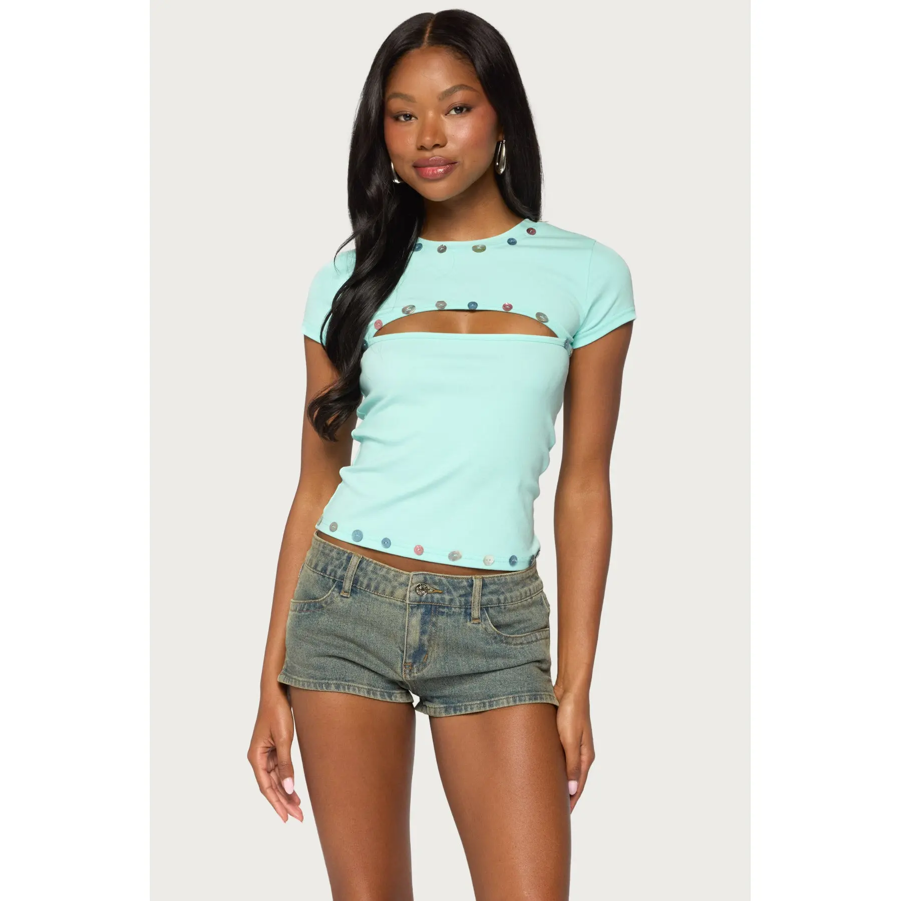 Suda Iridescent Button Cutout T Shirt