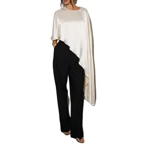 Women Satin Poncho Tops Silky Shawl Wraps Round Neck Batwing Sleeve Asymmetrical Hem Dressy Cape Top Flowy Loose Fit Cover Up Blouse