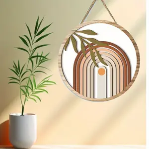 1PC Bohemian Style Round Wooden Wall Decor, Diameter 7.87 inches/20 cm, Rustic Farmhouse Home Garden Hanging Sign, Imitation Wood Material, Horizontal Design, No Feathers, No Power Required, Living Room Decor
