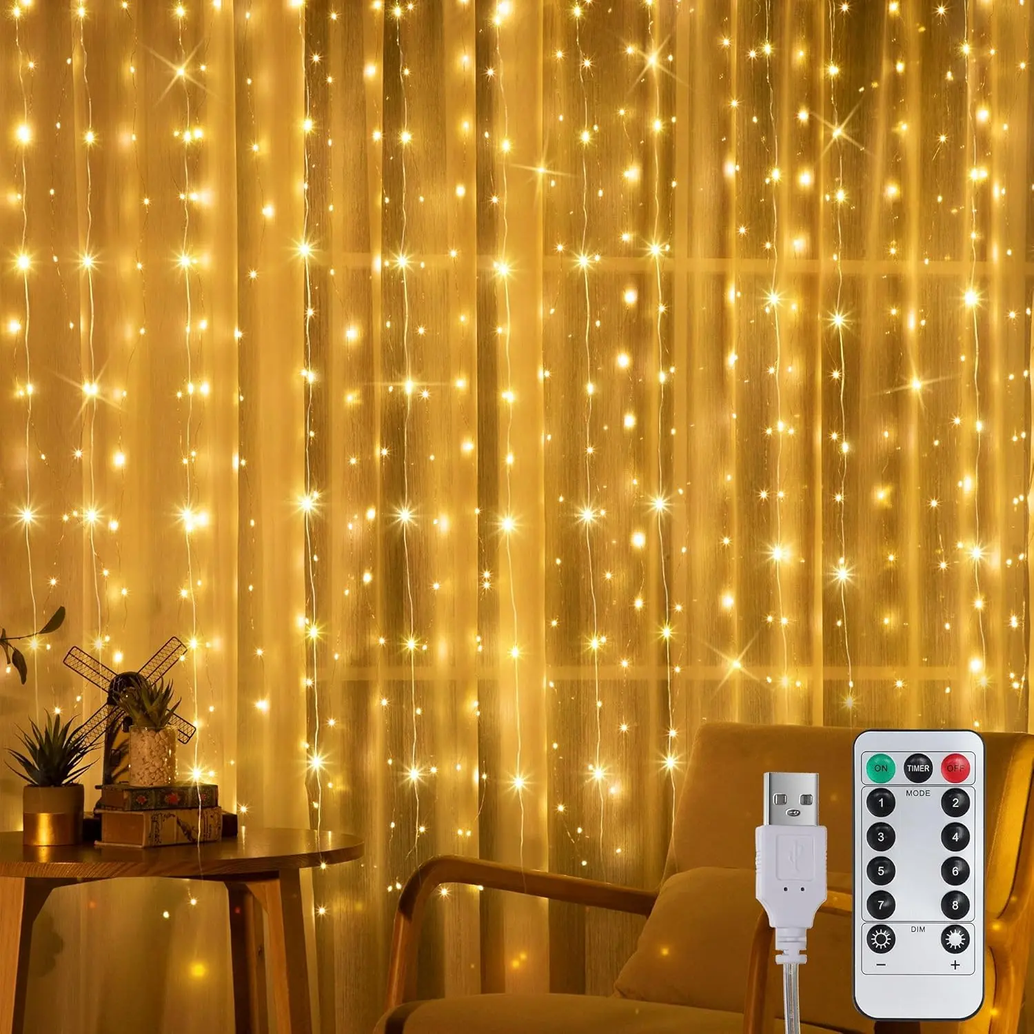 195-LED Copper Wire Curtain String Lights (1 Piece, 6.5x5ft) - Hanging Fairy Backdrop Lights with 8 Lighting Modes, Remote, Color Changing, Waterproof, USB Power/Battery Option for Christmas, Graduation Decor