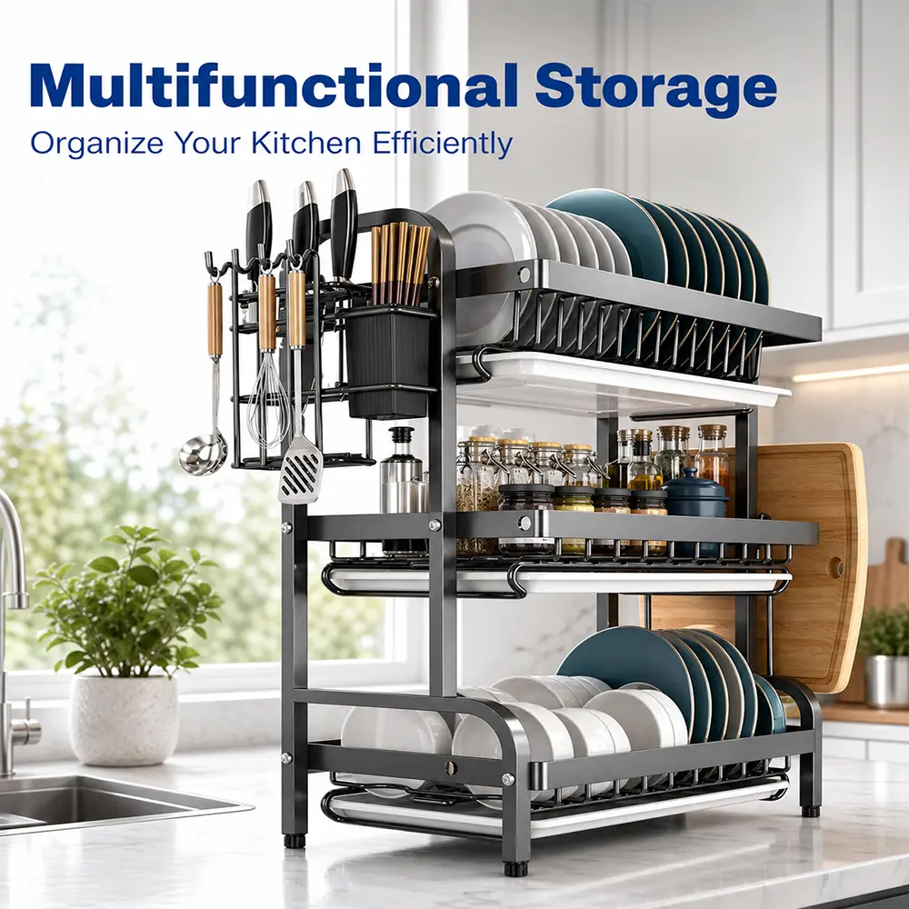 2026 Dish Rack, Three-Tier Space-Saving Kitchen Countertop Dish Rack, Metal Kitchen Countertop Storage Rack with Cutting Board and Shelves, Large-Capacity Drain Rack, Dish Rack for Tableware, Knives, Spoons, and Forks, Black