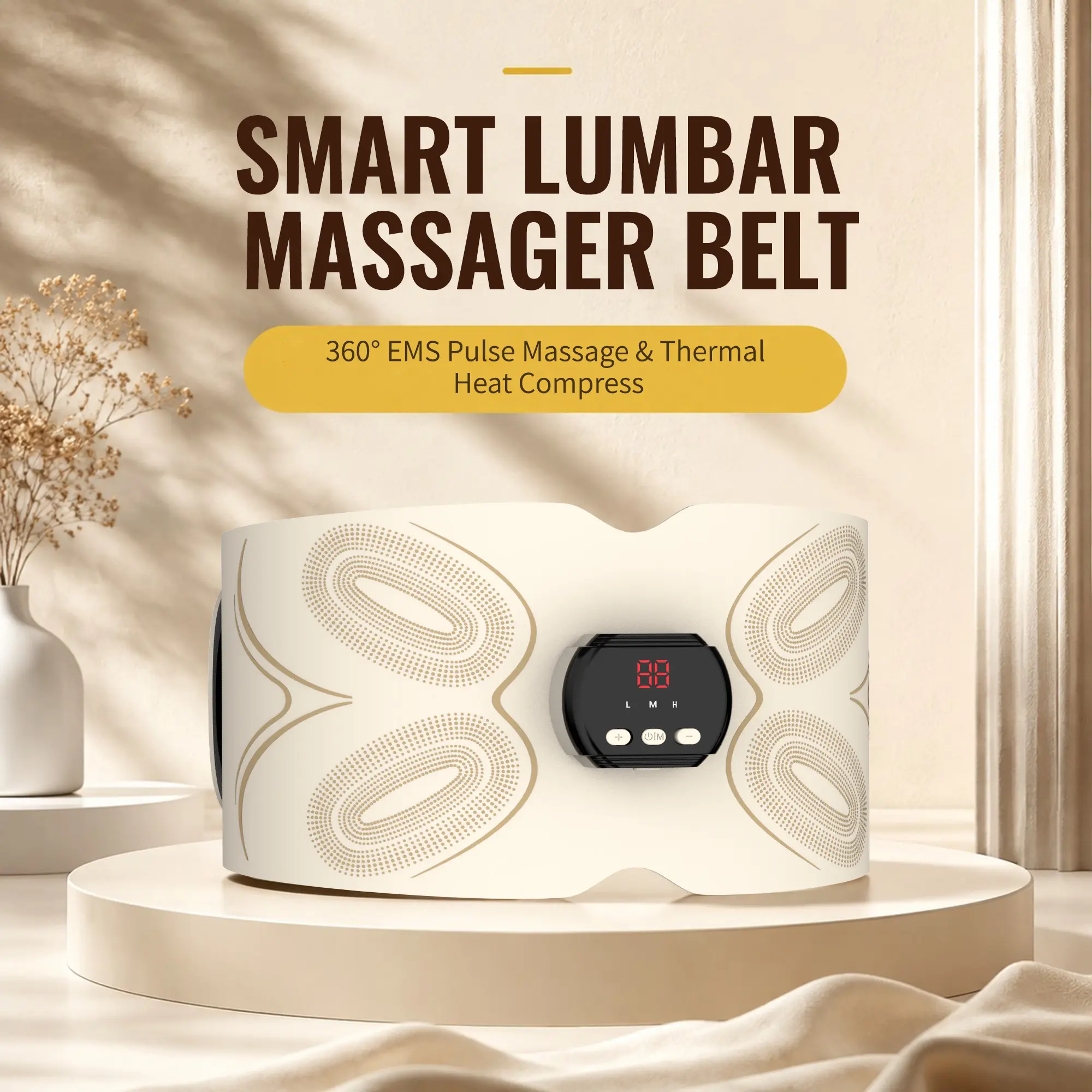 RIANUP Smart EMS Abs Stimulator Waist Trainer Wrap - 1 Unit, 8 Electrode Pads, 3-Level Silver Ion Thermal Heat Compress, 7 Massage Modes, 16 Intensities, Rechargeable Battery, 360° Toning for Home Waist/Abdomen Fitness Support