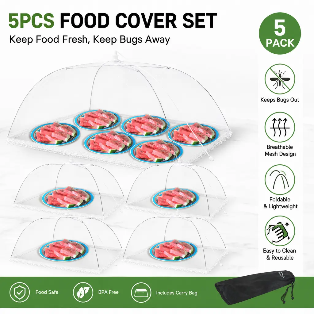5-Pack White Extra Large Bugproof Mesh Netting Food Covers - Cool Kitchen Gadgets, Portable Metal Utensils, Collapsible Stainless Steel Frame Tents, Reusable Washable, 15in Height, Breathable Mesh for Home Kitchen Outdoor Picnic