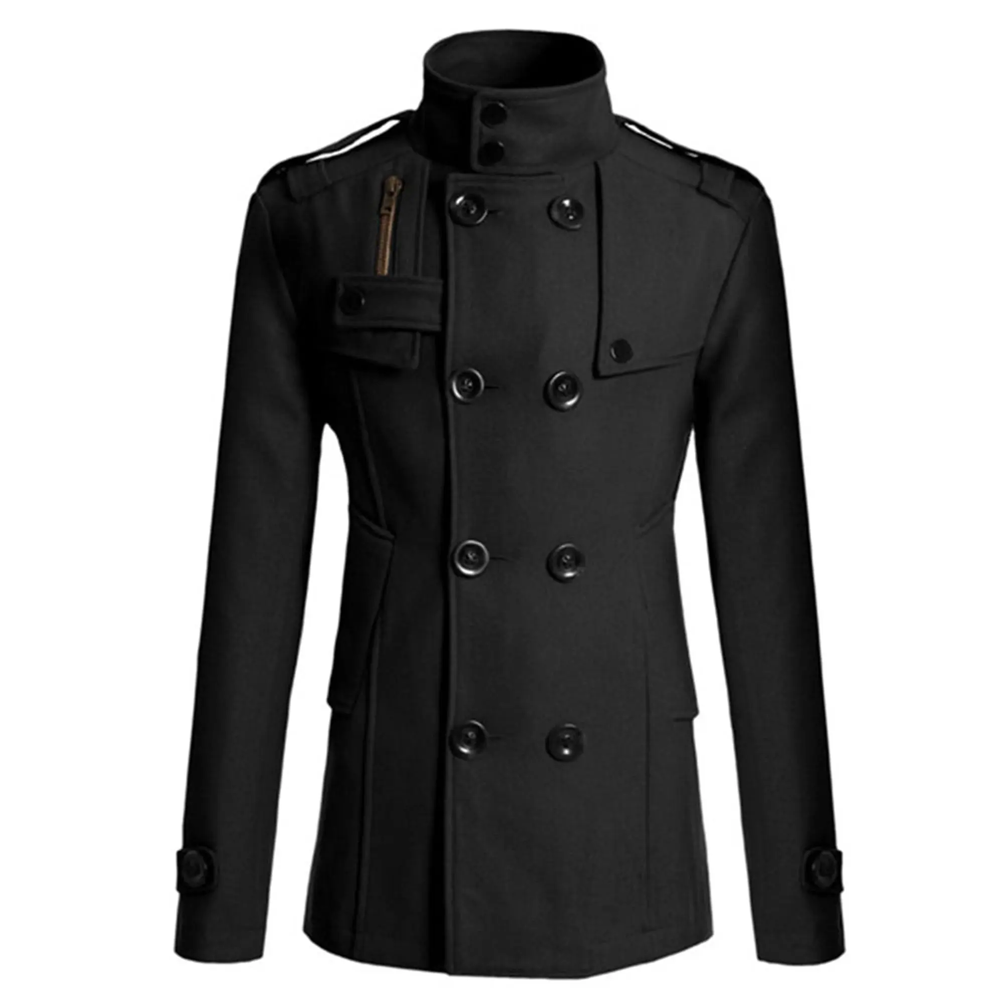 Men's Slim Fit Trench Coat with Stand Collar - Soft Polyester, Double-Breasted, Long Sleeve, Solid Color, Machine Washable - Perfect for Winter
