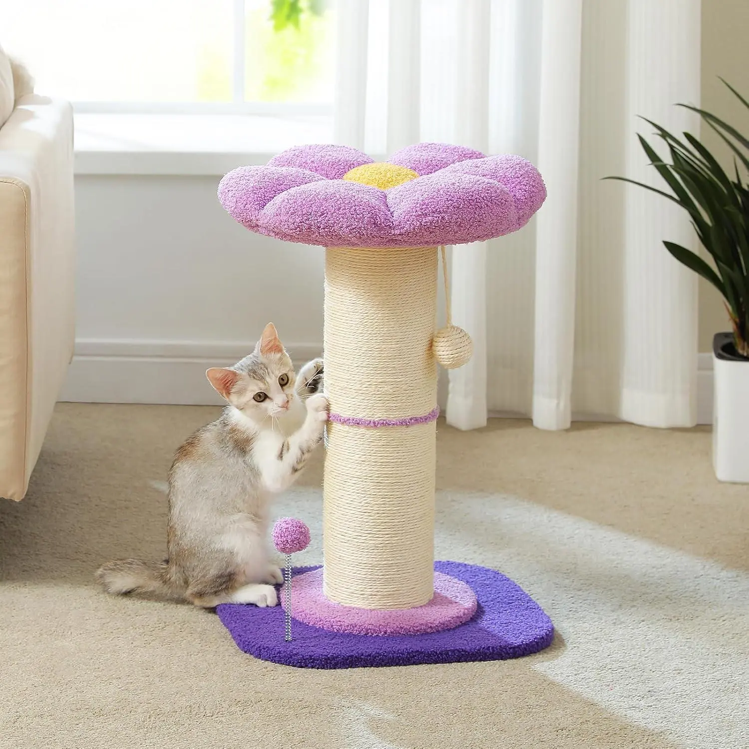 Flower Design Cat Scratching Post with Extra Thick Scratching Post [Diameter=5.5"], Removable Cat Bed, with Spring Balls