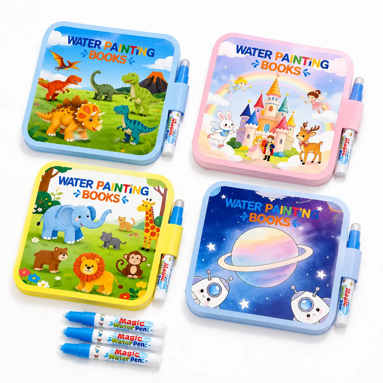 4-Pack Mess-Free Magic Water Coloring Book Set - Reusable Toddler Doodle Book, Montessori Sensory Tracing Book,No Marker Mess Travel Toy for Wall & Furniture Protection