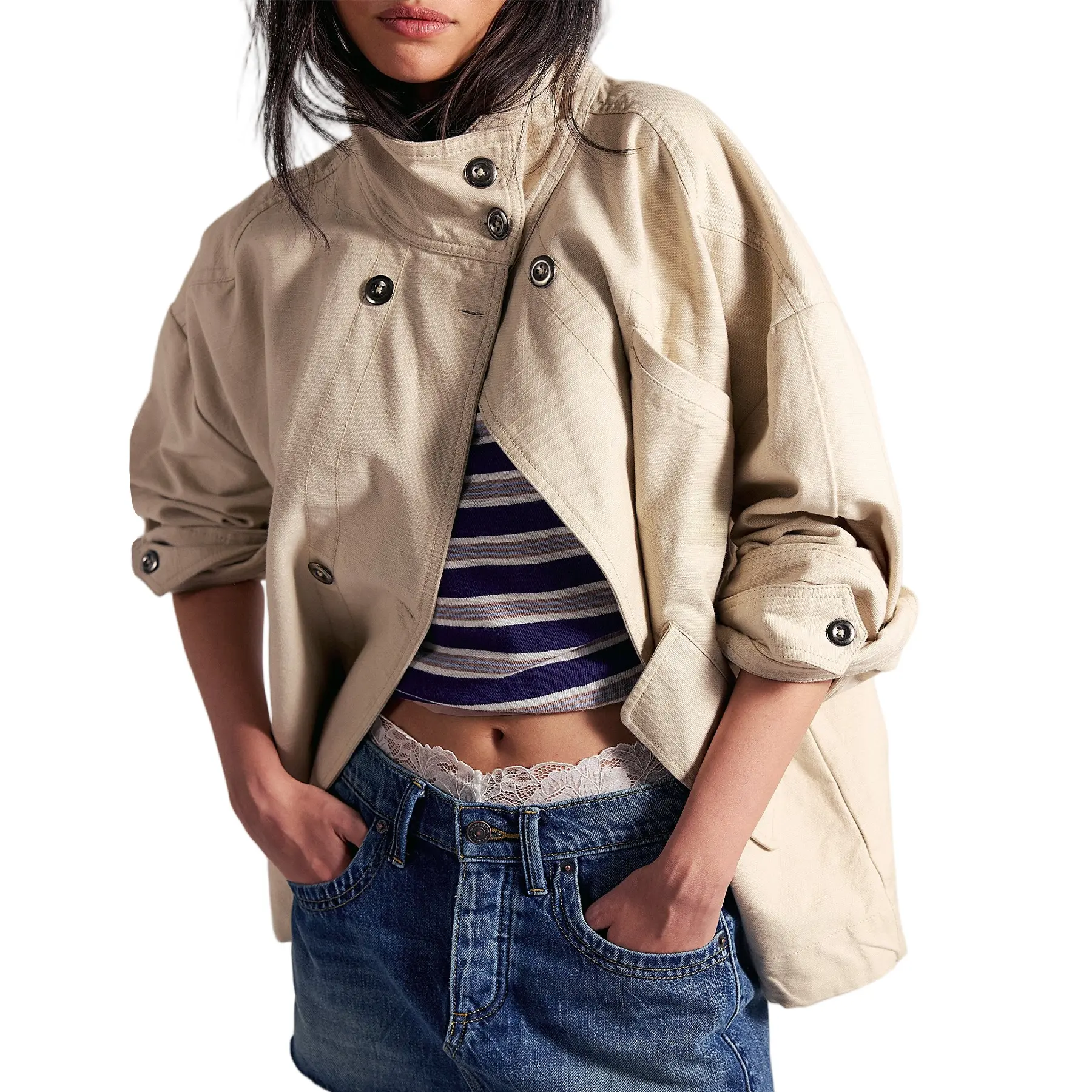 Hixiaohe Women's Washed Canvas Oversized Funnel Jacket, Button Closure, Stretch Casual Outdoors Top, Alternative Women's Casual Jackets for Spring