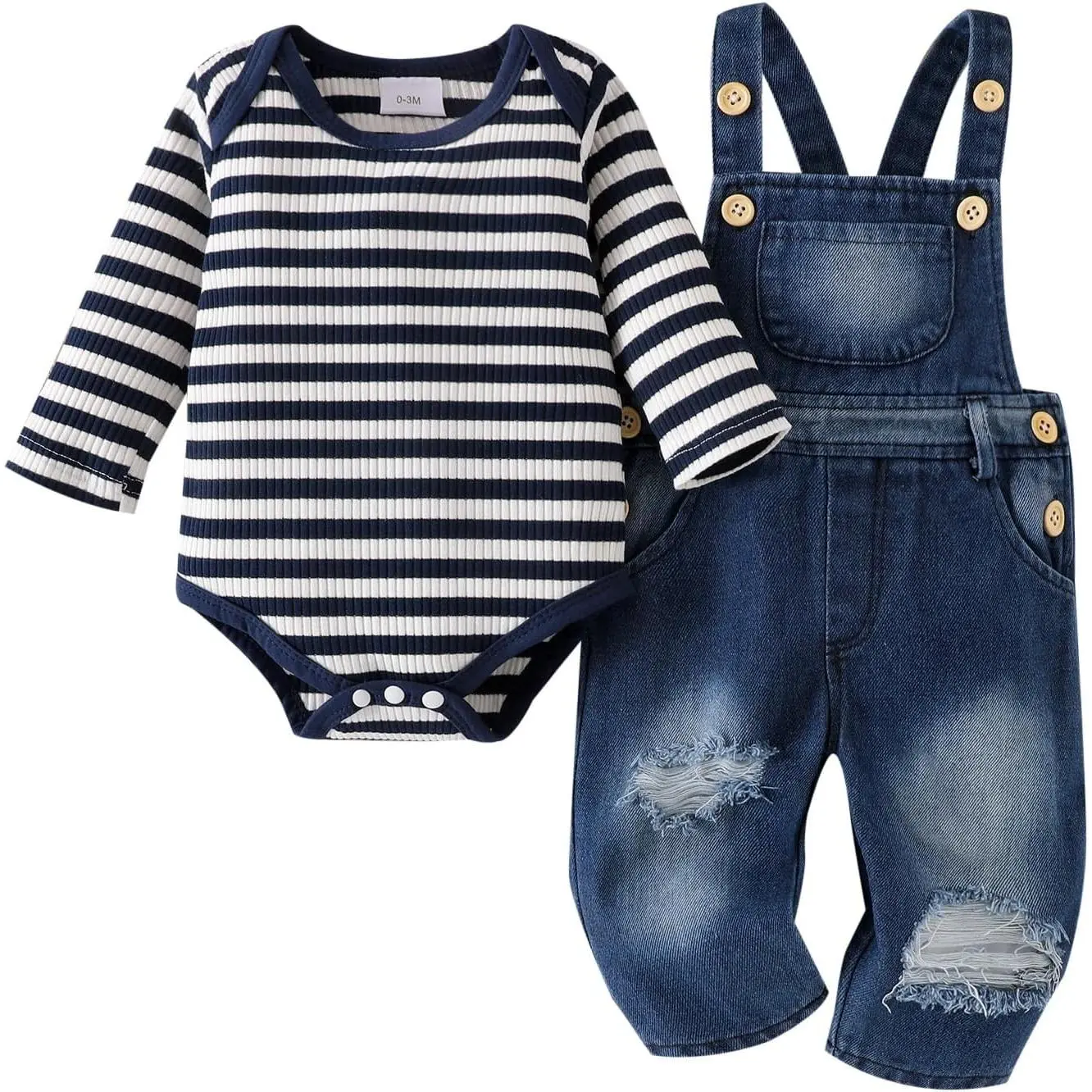 Baby Boy Overalls Outfit Set, 2-Piece Striped Long-Sleeve Bodysuit and Ripped Jeans, Newborn Fall Winter Clothes 0-18 Months, Bodysuits & One-Pieces