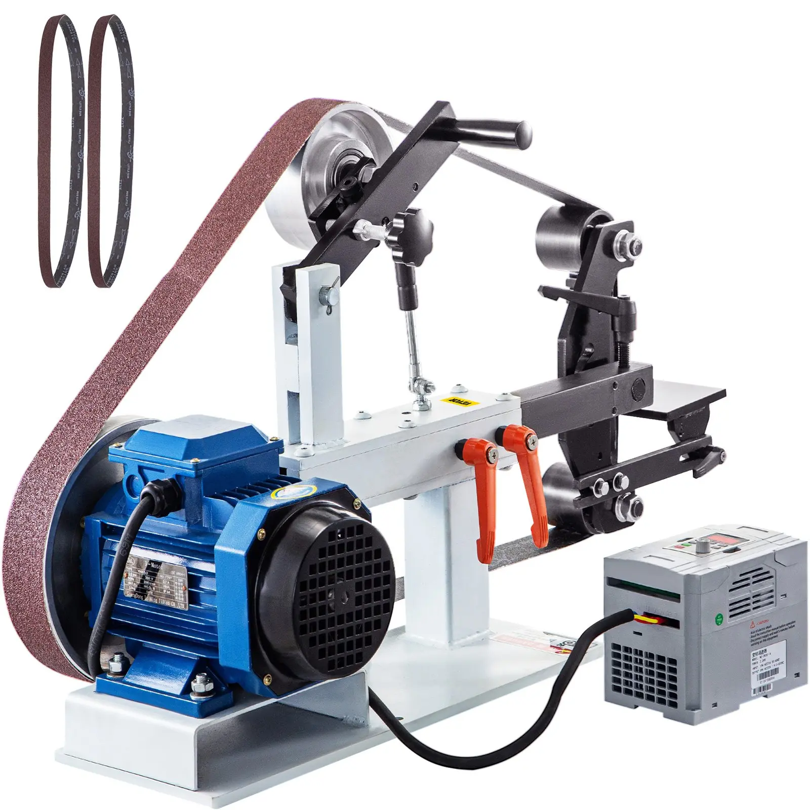 【Summerfinds】VEVOR 3-in-1 All-Steel Frame Square Belt Sander Grinder with Wheel, 1500W Power 2 HP Adjustable Speed Tool, 2x82in Belt, 3 Grinding Moulds, Flat Platen Tool Rest for Metalworking, Knife Polishing, 2 X 82 In, Durable Wheels