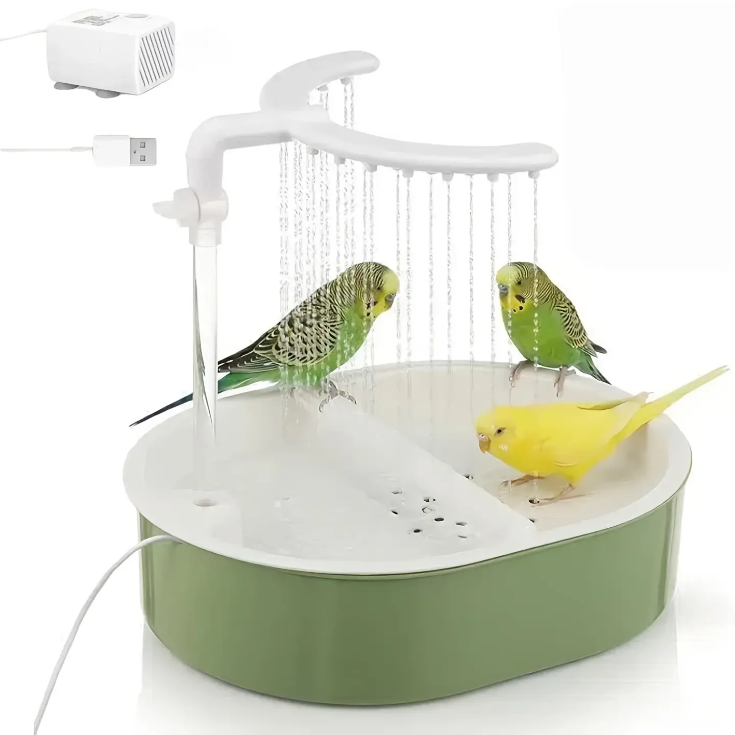 Automatic Bird Cage Bath, Parakeet Bird Bath, 2-in-1 Shower & Bath with Pump, Water Circulation, Adjustable Flow, Non-Slip Perch, Large Basin, Suitable for African Grey, Cockatiel, Conure, Budgie, Lovebird, Bird Cage Accessories