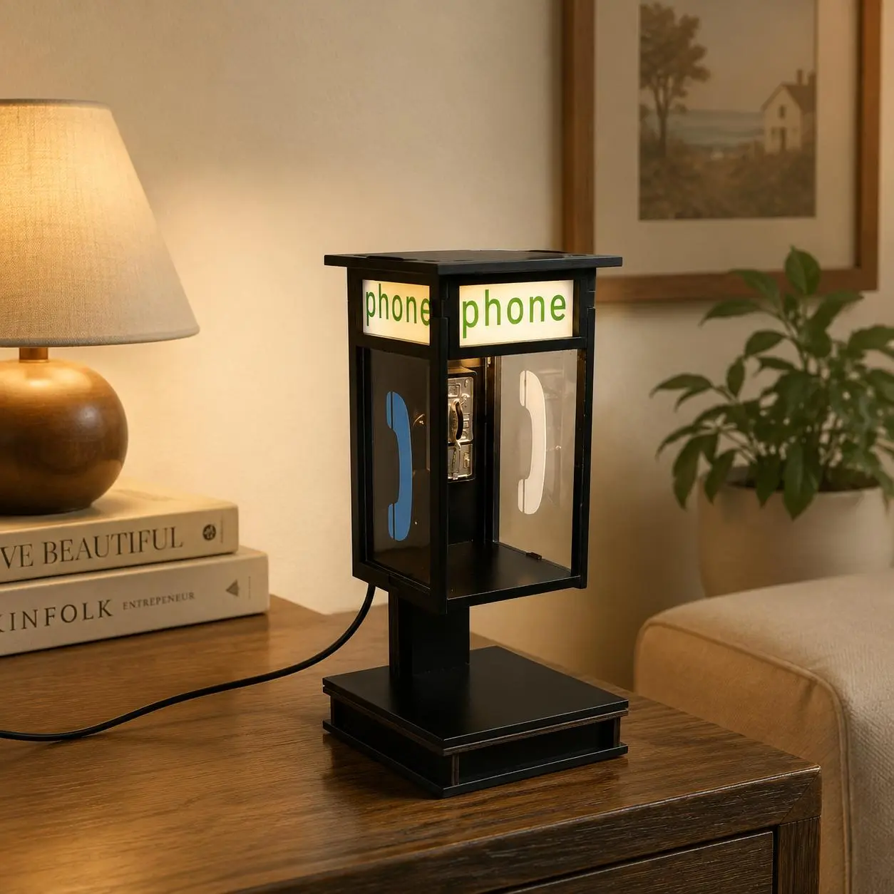 Vintage USB-Powered Retro Phone Booth LED Night Light - Classic Telephone Booth Shape Table Lamp, Warm Ambient Home Decor for Bedroom Bedside Ornament Gift