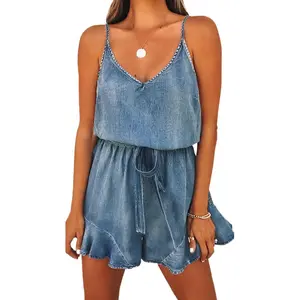 Womens Vintage Denim Romper Summer Spaghetti Strap V Neck Wide Leg Belted Short Jean Jumpsuit