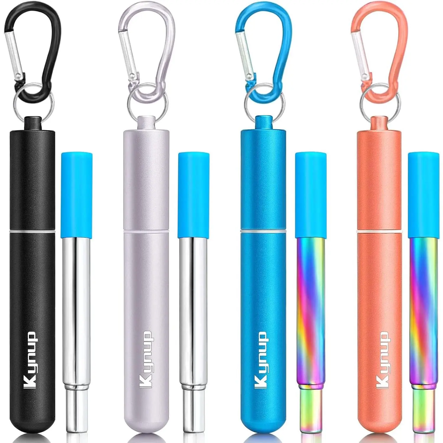 4-Pack Reusable Metal Collapsible Travel Drinking Straws with Silicone Tips & Cases, Camping Essentials, Eco-Friendly Housewarming Gift (Black-Blue-Rose Gold-Silver-Turquoise-Red), Black-Blue-Rose Gold-Turquoise-Red-