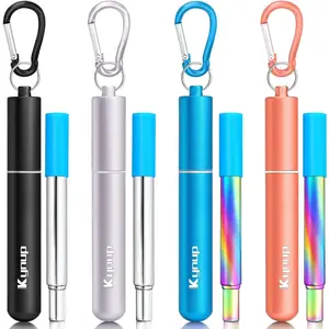 Reusable Metal Straws (4Packs), Collapsible Travel Drinking Straws with Cases, Cruise Ship Essentials, Cruise Must Haves with Silicone for Gifts (Blue-Black-Rose Gold-Silver)