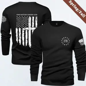 Men's Fashion Long Sleeve T-Shirt American Street Style USA Flag with 1776 Number Print Four Seasons Suitable Outdoor Sports and Exercise Wear Performance T-Shirt Perfect Gift for Boyfriend Brothers Stylish Long Tee