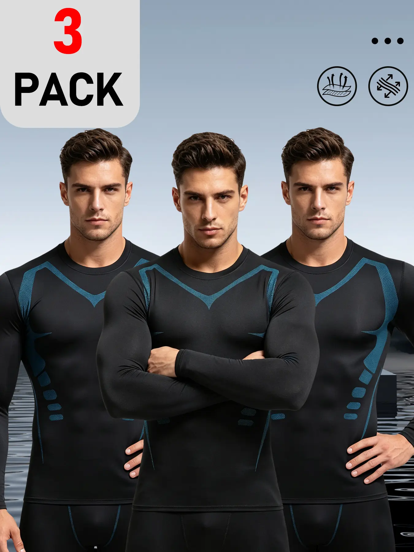 Men's 3 Pack Long Sleeve Compression Shirts with Vent Muscle Mapping, Quick Dry 4-Way Stretch Athletic Base Layer Tops for Gym Running Cycling Training Sports