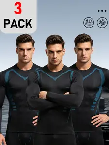 Men's 3 Pack Long Sleeve Compression Shirts with Vent Muscle Mapping, Quick Dry 4-Way Stretch Athletic Base Layer Tops for Gym Running Cycling Training Sports