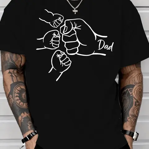 Men's Dad of 3 Fist Bump T-Shirt - 100% Cotton Black Short Sleeve Round Neck Tee, Fade-Free Art, Fitted Cut, Gallery Quality Casual Top, Ideal for Father's Day