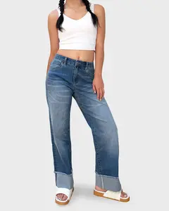 Relaxed Straight Leg Cuffed Jeans