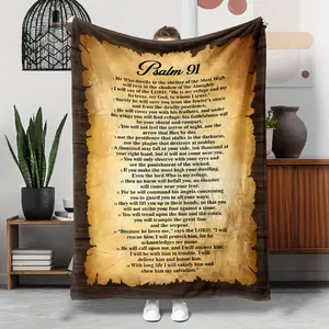 Retro Vintage Printed Psalm Bible Theme Flannel Blanket (1pc, 280GSM) - Flannel Fabric, Printed Text, Bible Verses, Fade-Resistant, Christian Enthusiasts Gift, Ideal for Sofa, Office Nap