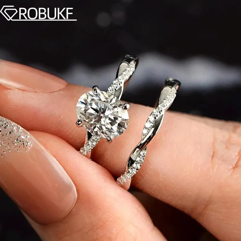 2CT Moissanite Engagement Ring Set For Women Oval Cut Twisted Infinity Eternity Wedding Band 925 Sterling Silver Bridal Jewelry