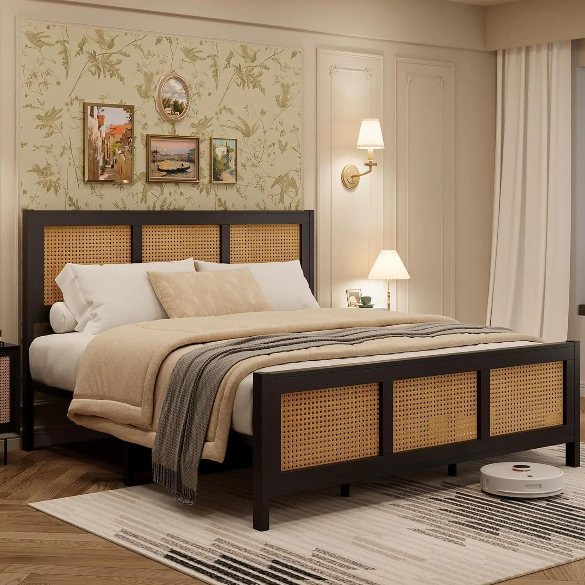 Garvee Queen Size Platform Bed Frame, Cane Headboard Boho Bed Frame, No Box Spring Needed, Black Rattan Bed Frame with Metal Slats, Noise Free