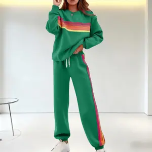 Cozy Rainbow Stripe Set | Loose Fit for All-Day Wear | Slouchy Fit Rainbow Stripe Set | Two-Piece Outfit | Loose Fit Colorful Stripe Set | Matching Casual Hoodie Green Lightweight Fabric Womenswear Clothes
