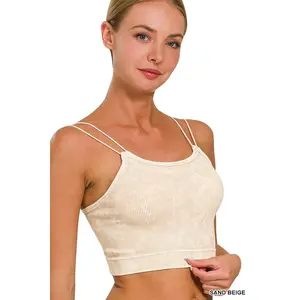 Washed Ribbed Seamless Double Strap Brami - Sand Beige - by Zenana