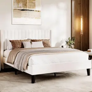 Garvee Full size Velvet Bed Frame/ Vertical Channel Tufted Wingback Headboard/ Upholstered Platform Bed/ Wood Slats/ No Box Spring Needed/ Easy Assembly/ Beige