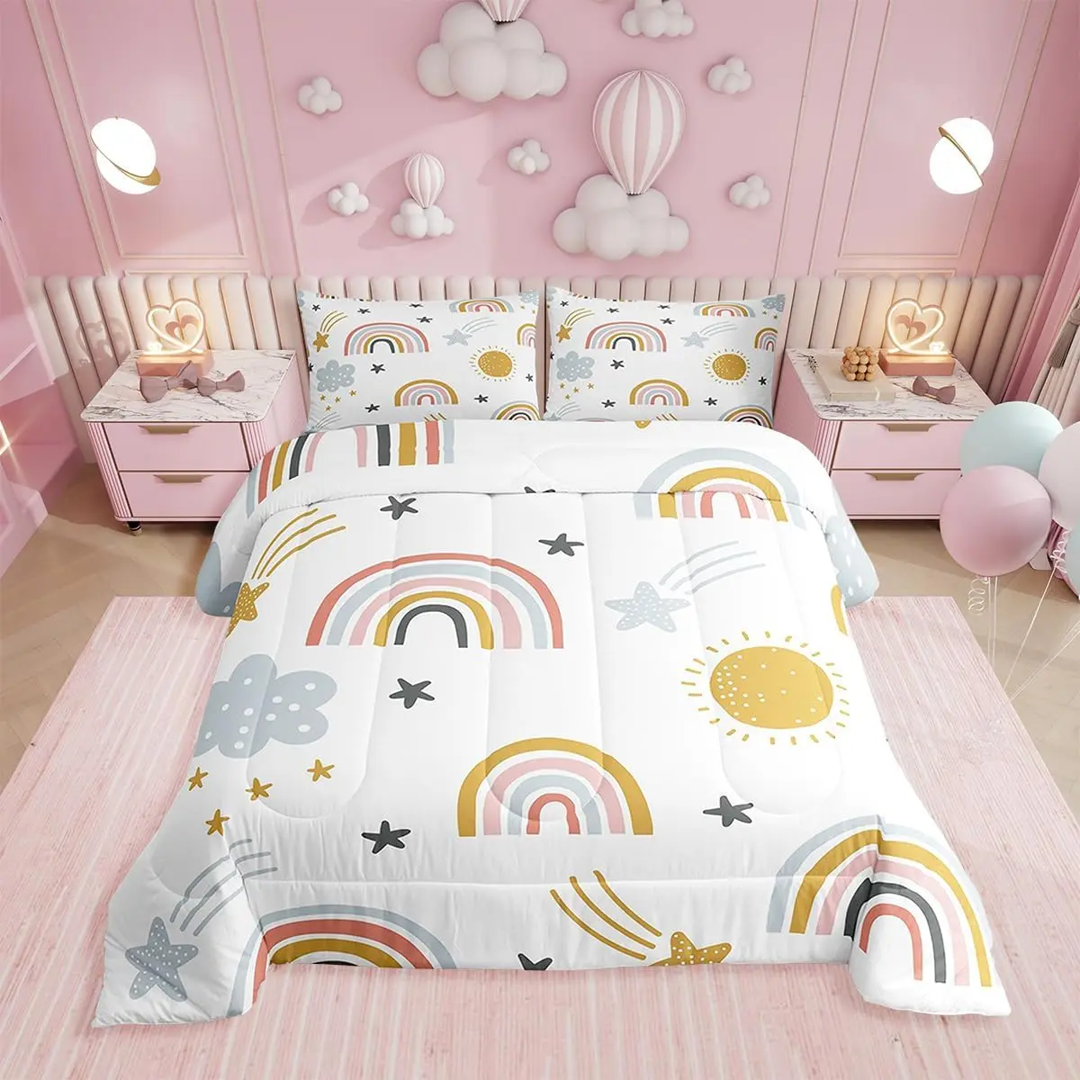 Feelyou Girls' Rainbow Bedding Set - Soft Microfiber Cute Blanket, Cartoon Cloud Print Kid Quilt, Breathable Sun & Stars Comforter, Machine-Washable Duvet Insert, Lightweight Bedroom Decor for Daughters