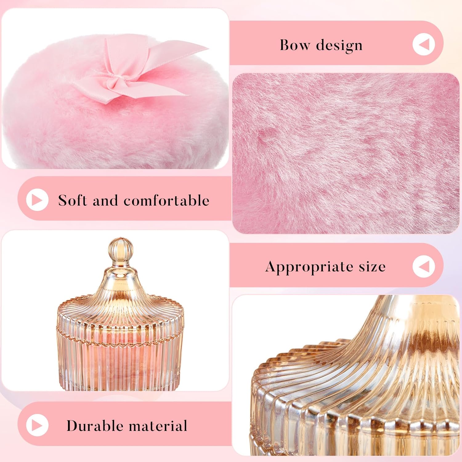 Ultra Soft Powder Puff and Container 3.54" High Density Velvet Dusting Washable Reusable Powder Puff,Body Powder Puff and Glass Jar Holder Loose Powder Elegant Glass Jar for Jewelry, Candy Storage, Perfect Gift for Ladies