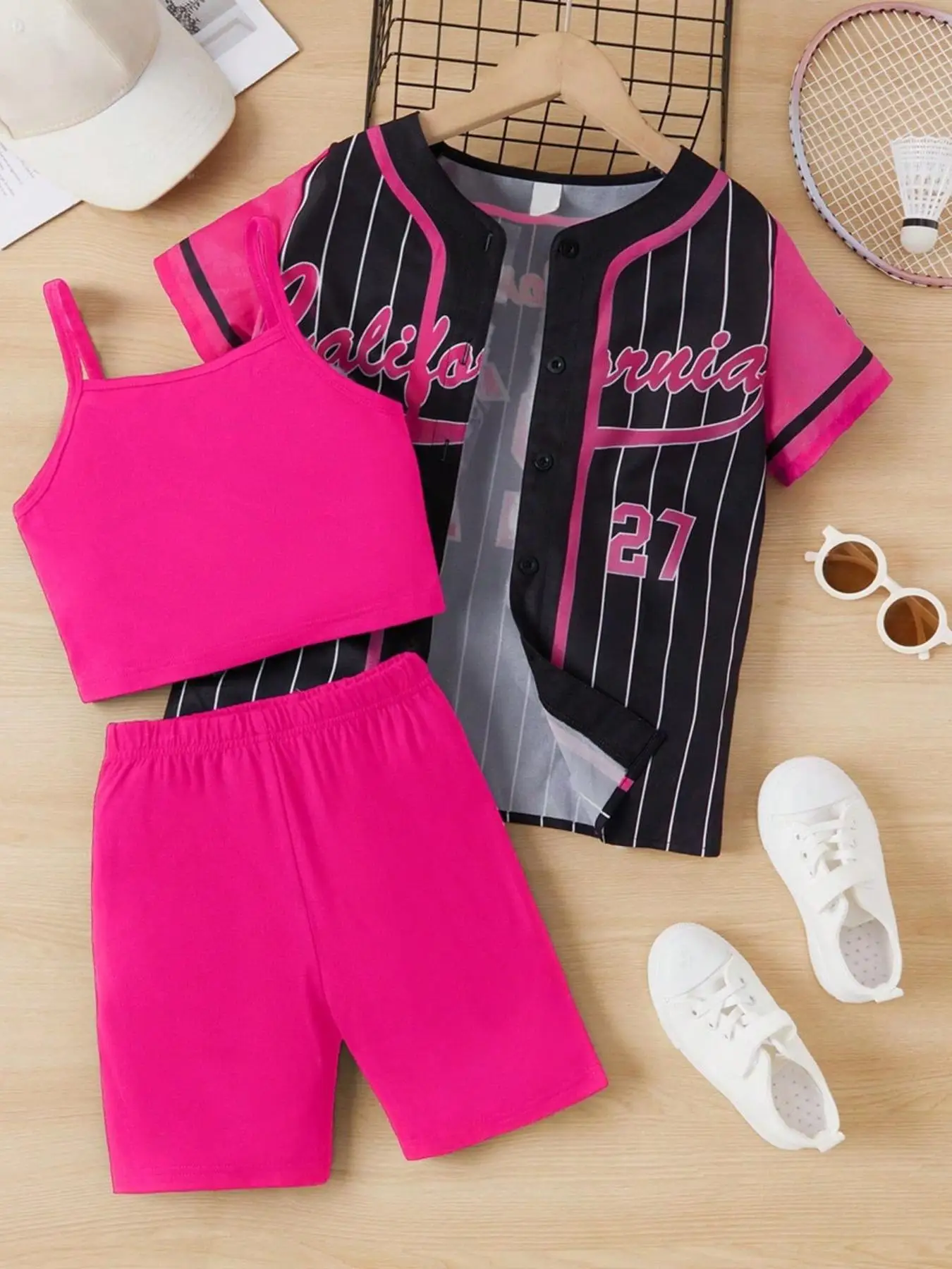 Girl's Letter Print Button Front Shirt & Plain Crop Cami Top & Elastic Waist Shorts Set, Striped Print Contrast Binding Short Sleeve Shirt & Sleeveles
