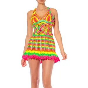 MORPHEW COLLECTION Neon Multi Nylon Hand-Crochet & Upcycled Beer Tab Cocktail Dress