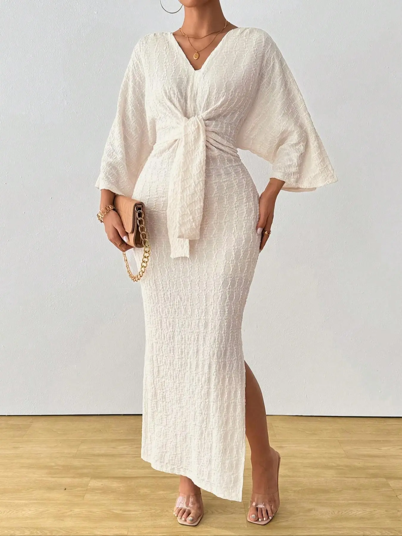 Elegant Minimalist Women's Long Sleeve V-Neck Dress with Front Slit, Pure Color Tie-Front Design, Stylish Chic Long Dress for Ladies, Casual Wear Elegance Womenswear, Brunch Dresses