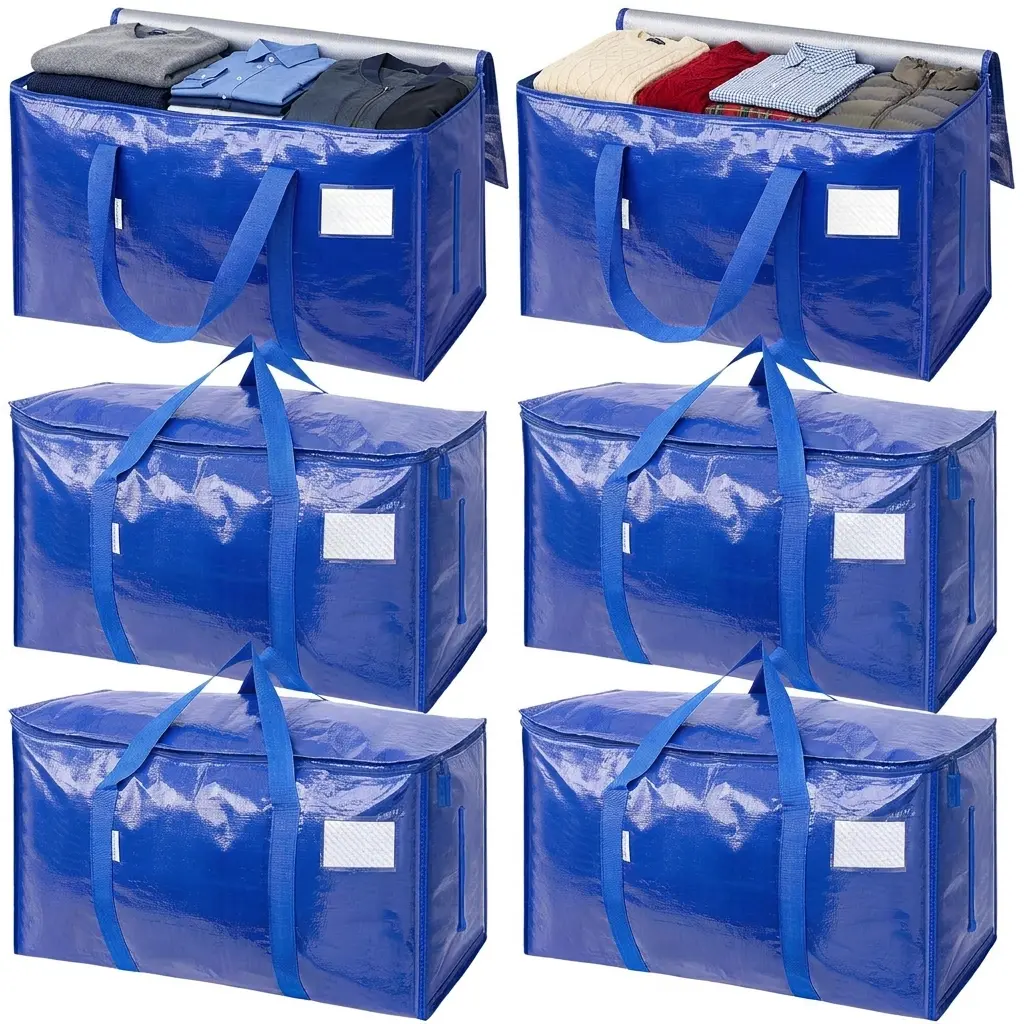 6-Pack Large Blue Nylon Waterproof Heavy-Duty Totes with Visible Labels, Wrap-Around Handles, Travel Organizer, Bedding Storage, Space-Saving Home Supply, Back to School Moving Box Alternative, Women's Gifts