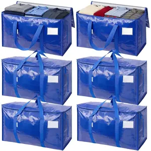 6-Pack Blue Large Heavy Duty Totes with Visible Labels & Wrap-Around Handles, Travel Organizer Bag, Bedding Storage Solution, Durable Lightweight Organizer, Space-Saving Home Supply, Back to School Moving Box Alternative, Gifts for Women, Home Decor